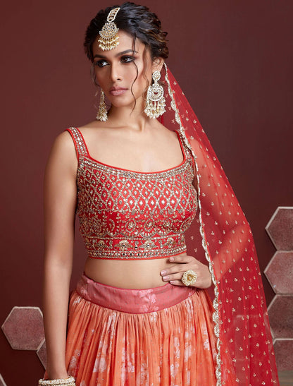 Orange Tabby Silk Wedding Lehenga Choli Set For Women with Heavy Banglori Silk Blouse & Dupatta
