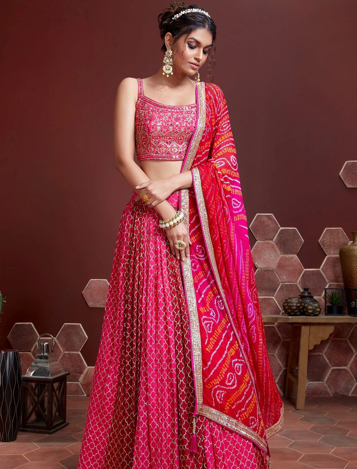 Pink Chinon Silk with Heavy Banglori Silk Blouse & Dupatta Lehenga Choli Set For Women