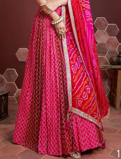 Pink Chinon Silk Lehenga Choli Set For Women with Heavy Banglori Silk Blouse & Dupatta