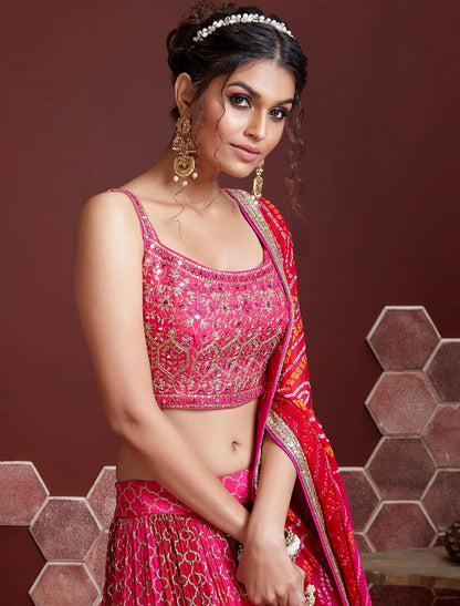 Pink Chinon Silk Lehenga Choli Set For Women with Heavy Banglori Silk Blouse & Dupatta