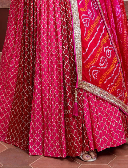 Pink Chinon Silk Lehenga Choli Set For Women with Heavy Banglori Silk Blouse & Dupatta