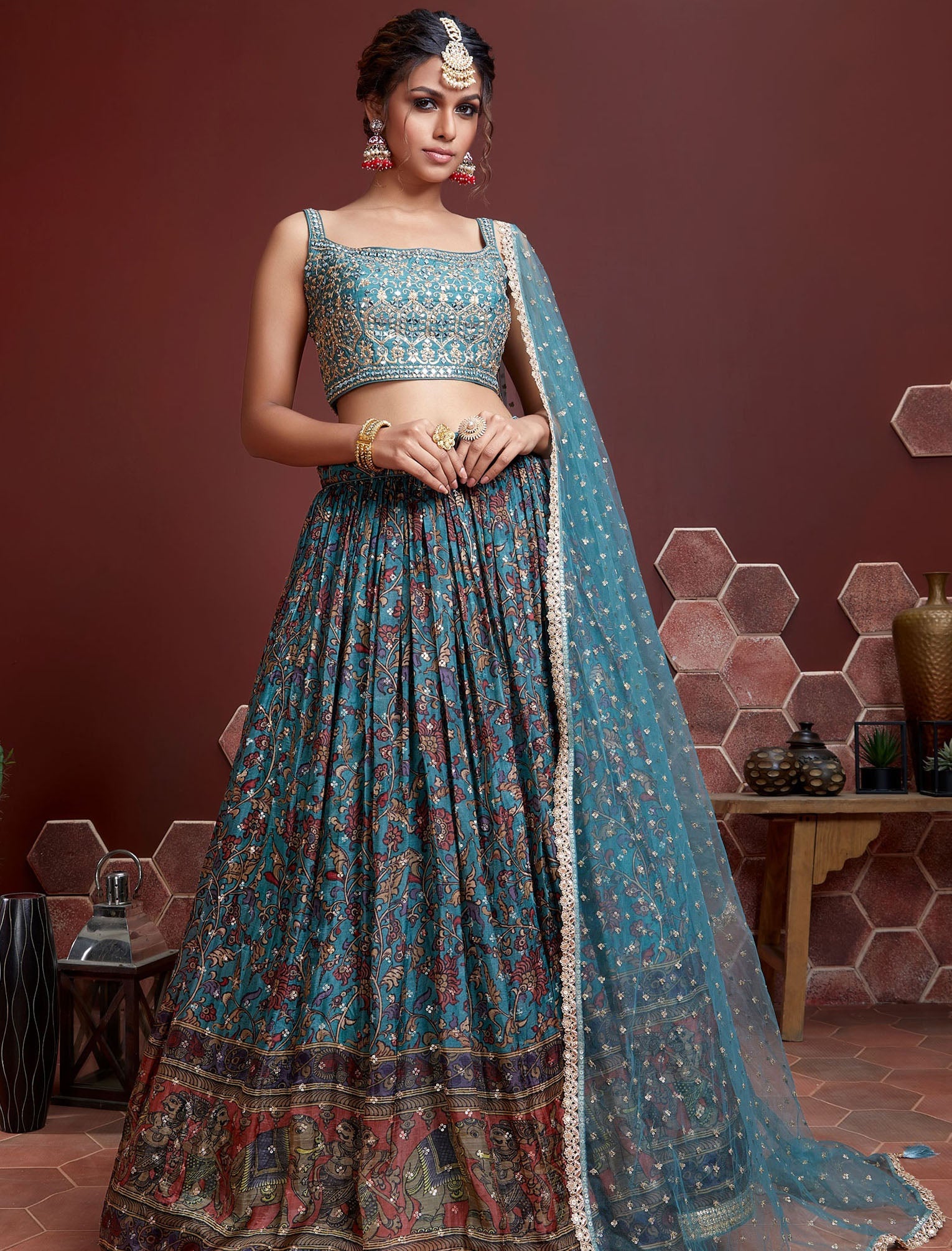 Sky Blue Chinon Silk with Heavy Banglori Silk Blouse & Dupatta Lehenga Choli Set For Women