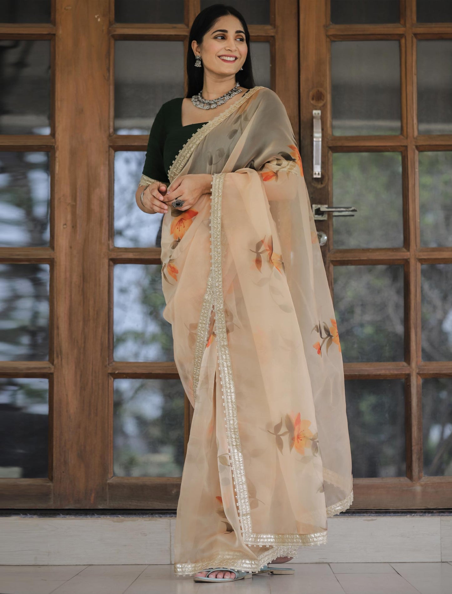 Heavy Digital Print & Lace Work Designer Silk Saree For Women