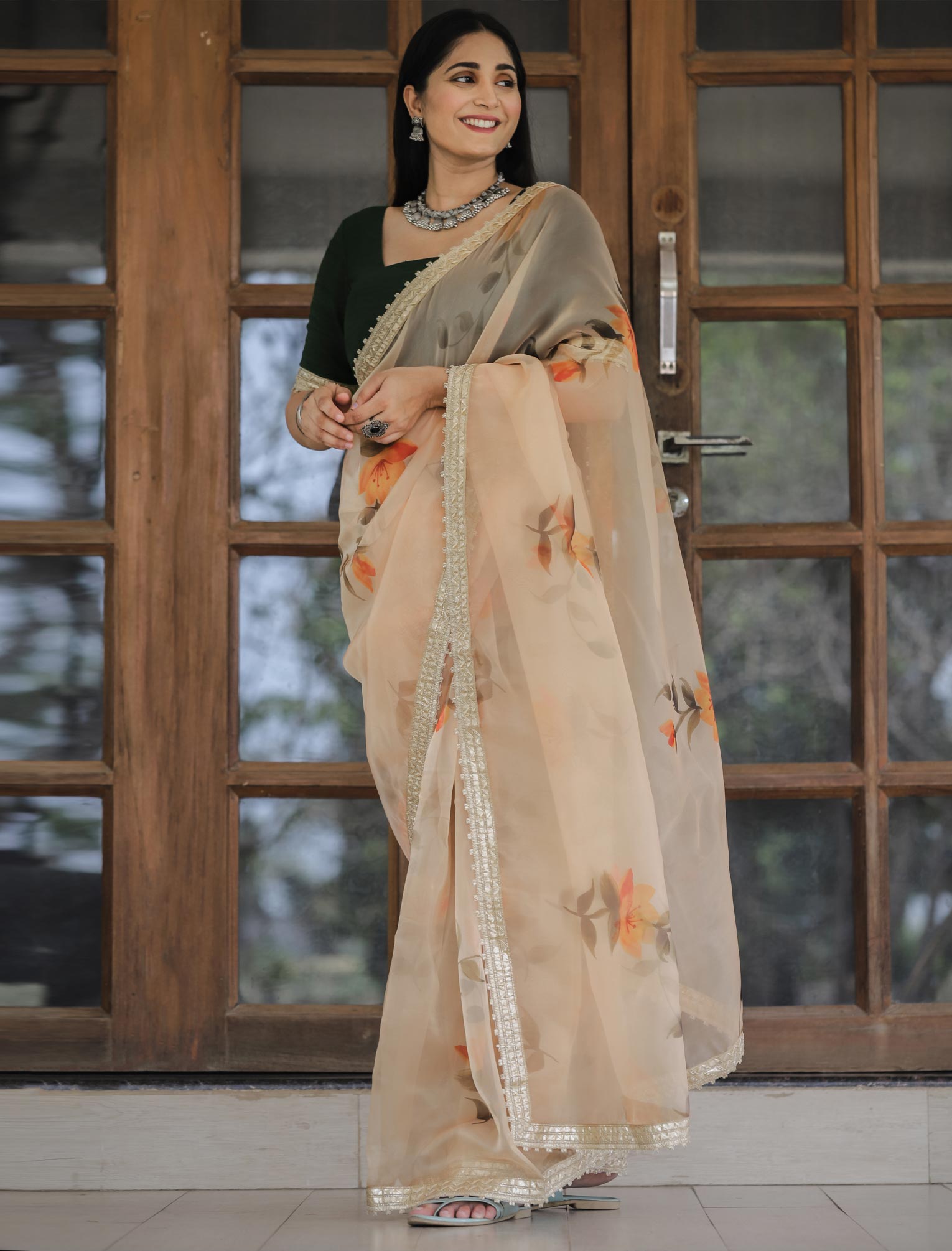Heavy Digital Print & Lace Work Designer Silk Saree For Women