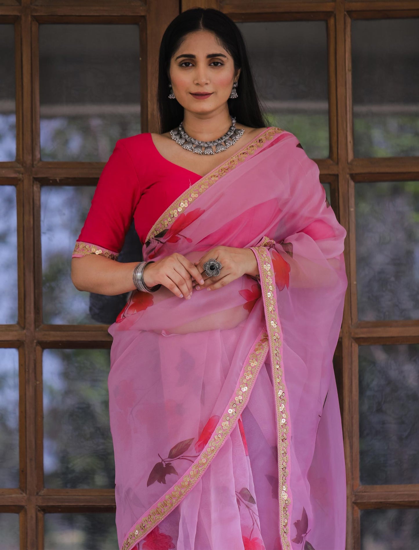 Heavy Digital Print & Lace Work Designer Silk Saree For Women