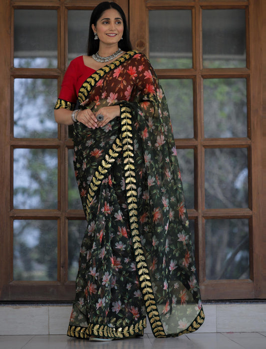 Heavy Digital Print & Lace Work Designer Silk Saree For Women