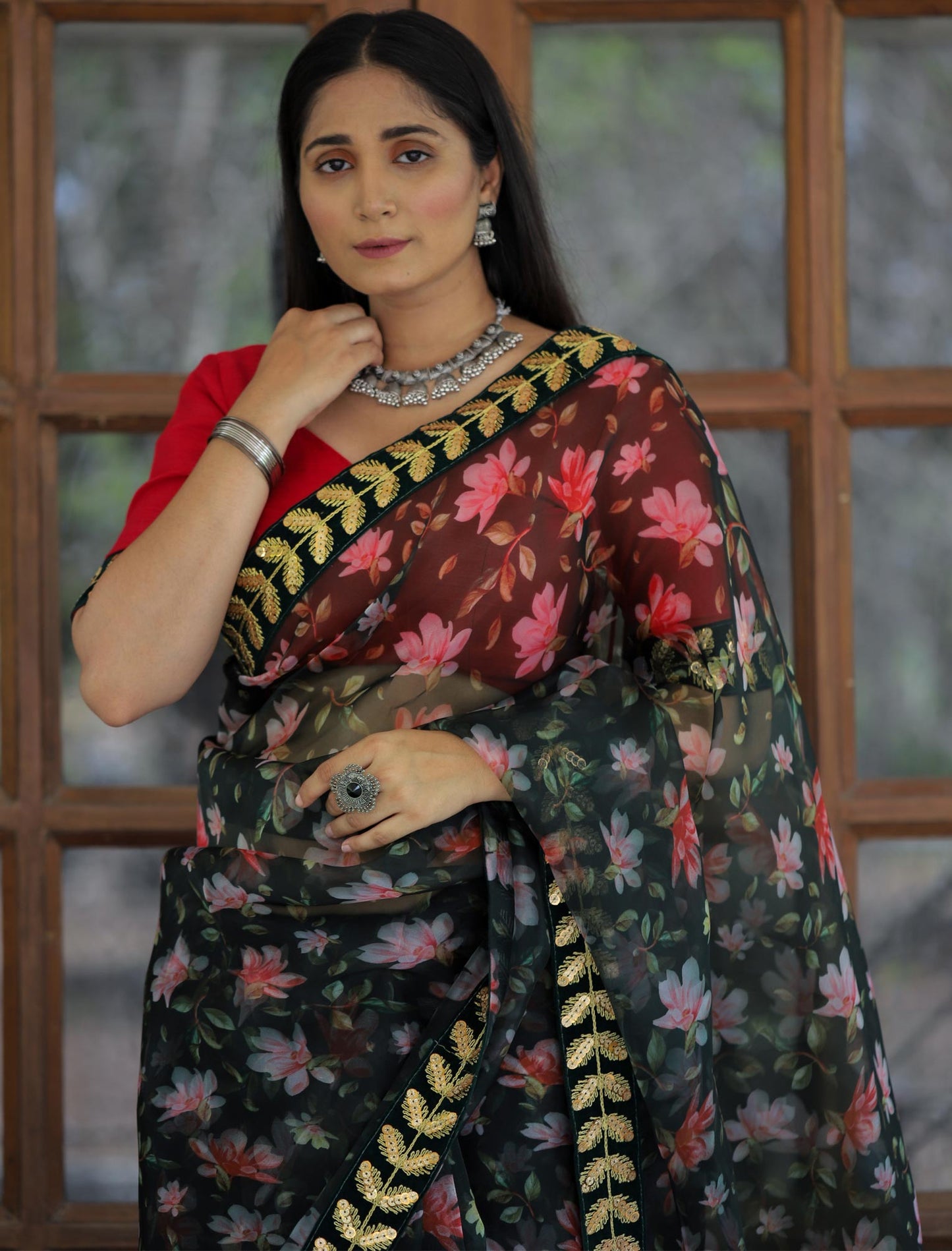 Heavy Digital Print & Lace Work Designer Silk Saree For Women