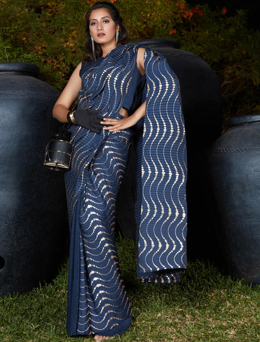 Navy Blue Plitting Work Designer Weadding & Party Silk Saree For Women