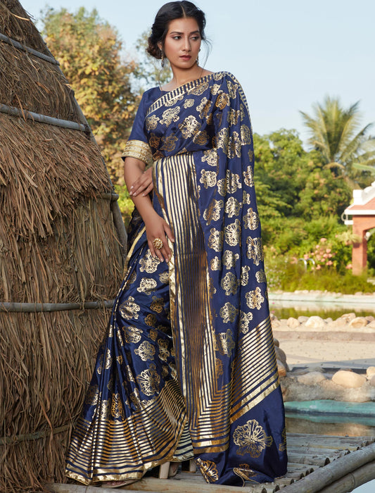 Navy Blue Foil Work Designer Weadding & Party Silk Saree For Women