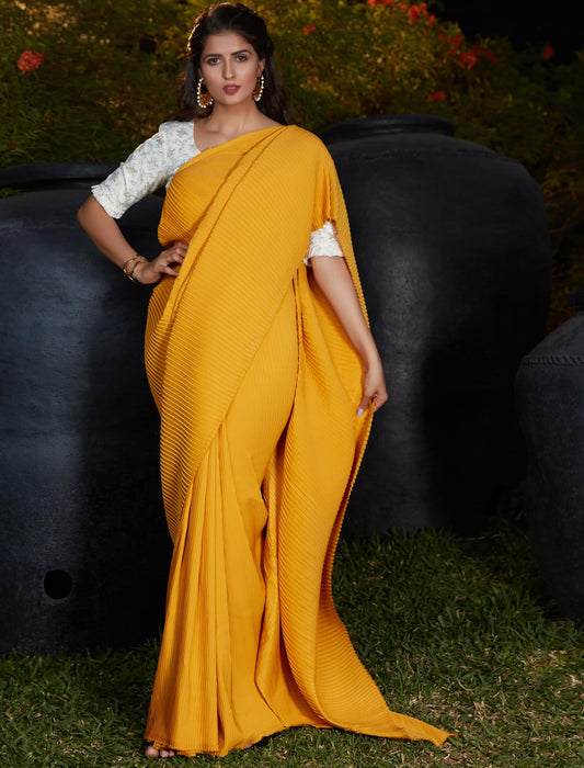 Yellow Plitting Work Designer Weadding & Party Silk Saree For Women