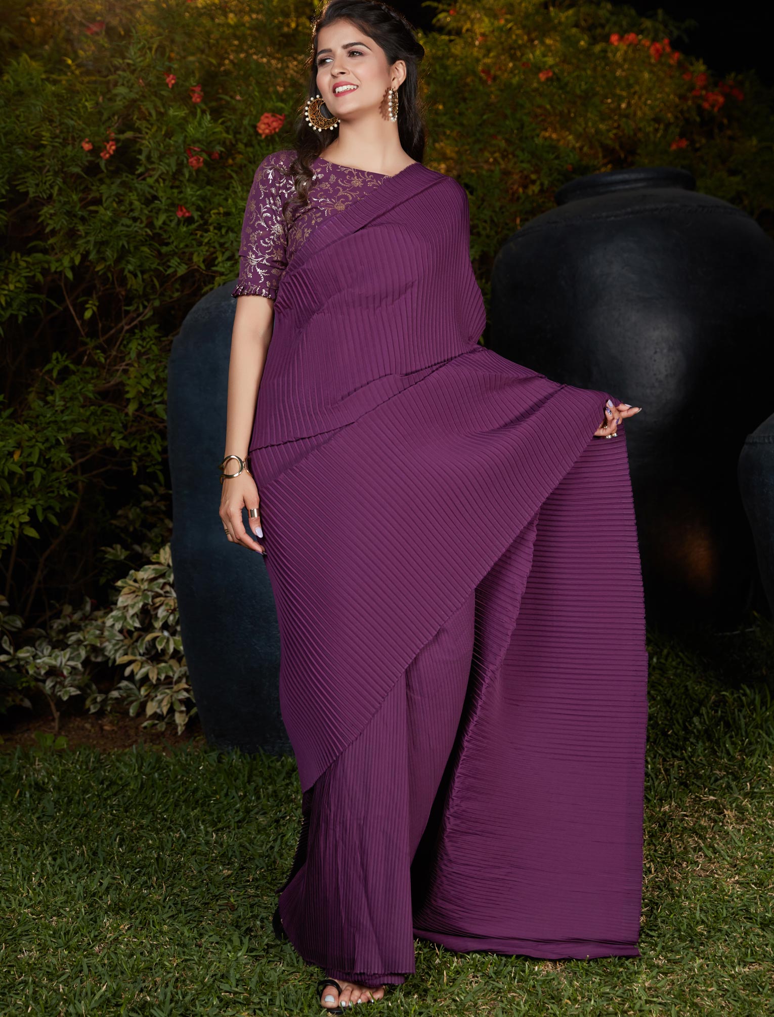 Purple Plitting Work Designer Weadding & Party Silk Saree For Women