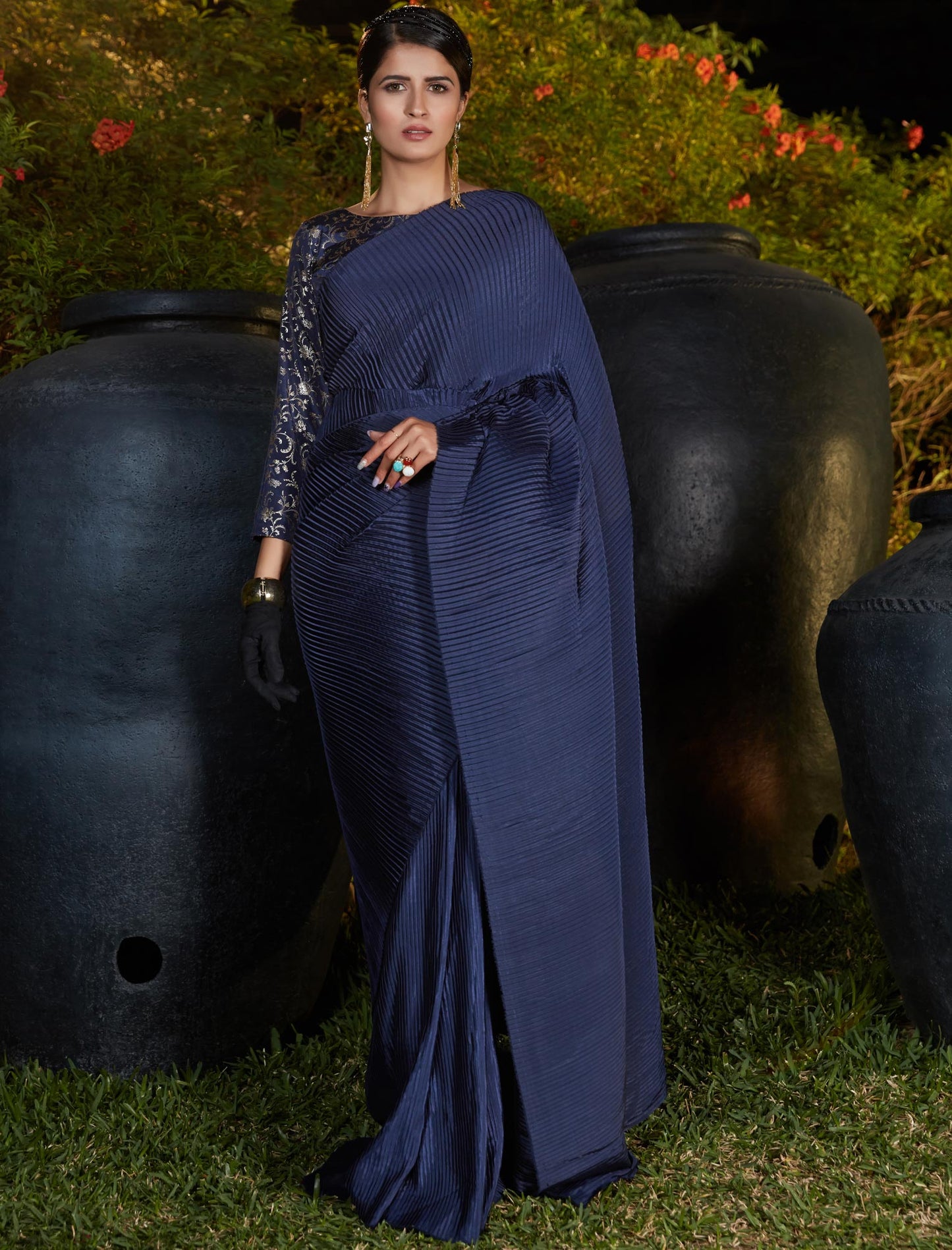 Navy Blue Plitting Work Designer Weadding & Party Silk Saree For Women