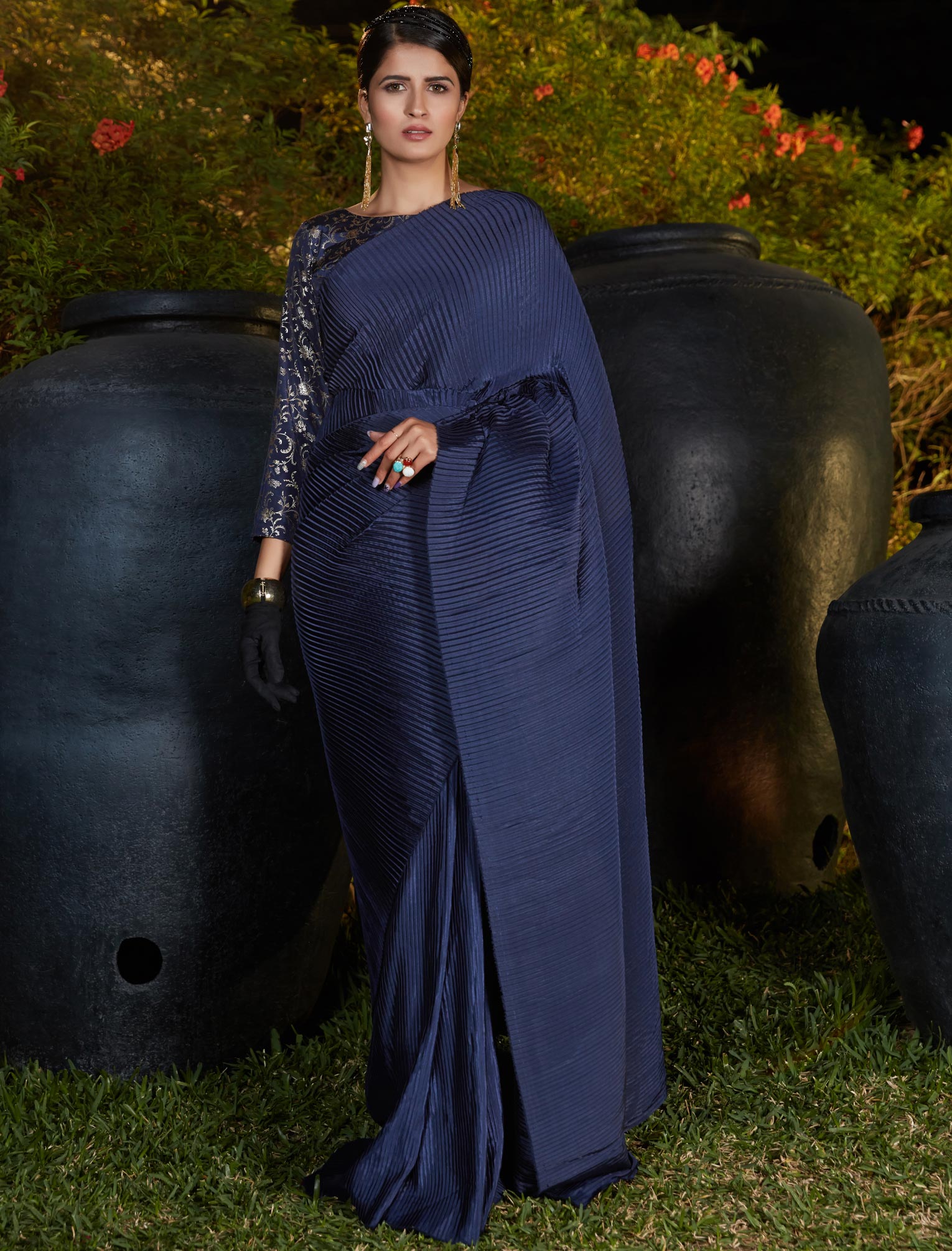 Navy Blue Plitting Work Designer Weadding & Party Silk Saree For Women