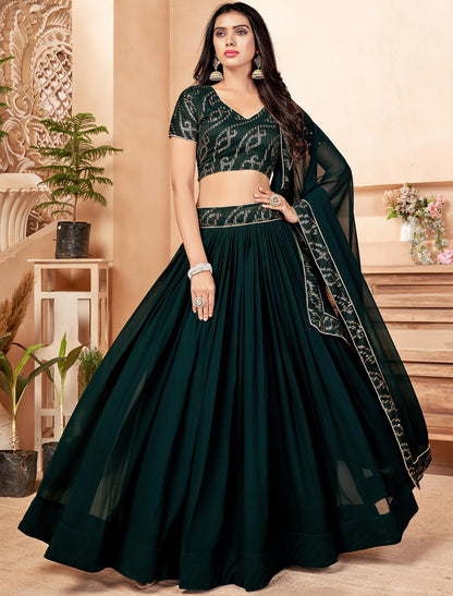 Dark Green Faux Georgette Sequins Work Dupatta & Lehenga Choli For Women