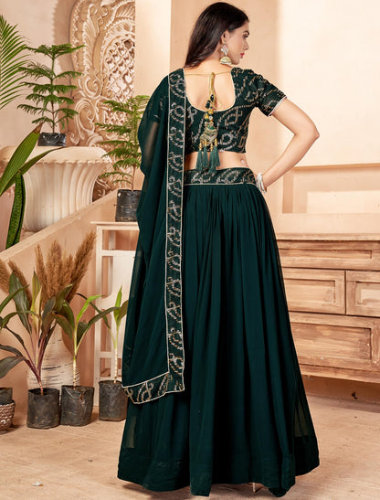 Dark Green Faux Georgette Sequins Work Dupatta & Lehenga Choli For Women