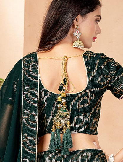 Dark Green Faux Georgette Sequins Work Dupatta & Lehenga Choli For Women