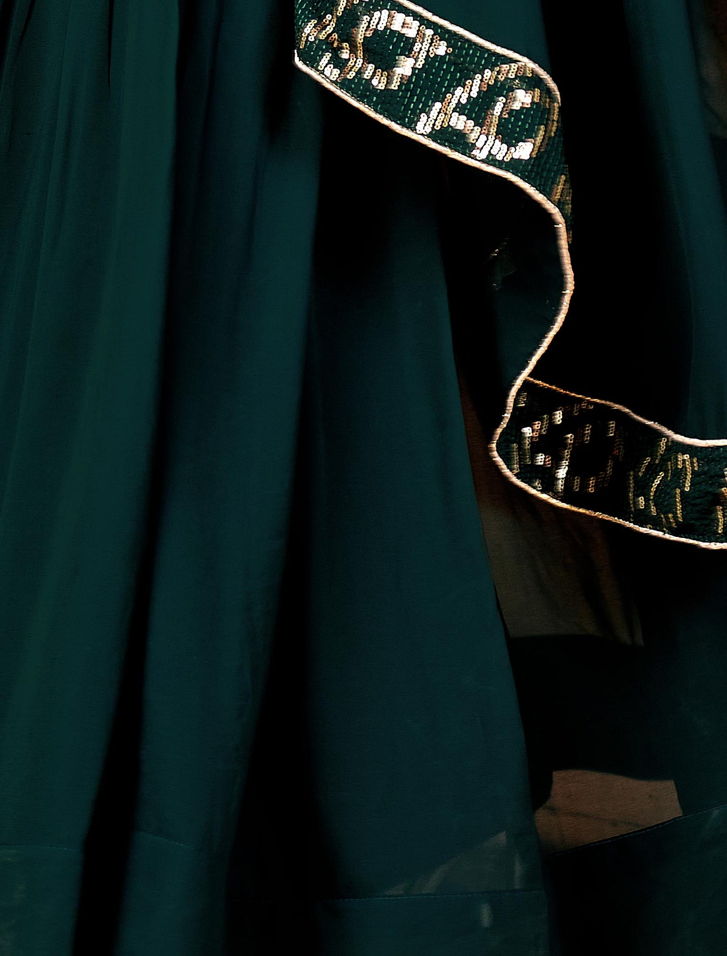 Dark Green Faux Georgette Sequins Work Dupatta & Lehenga Choli For Women