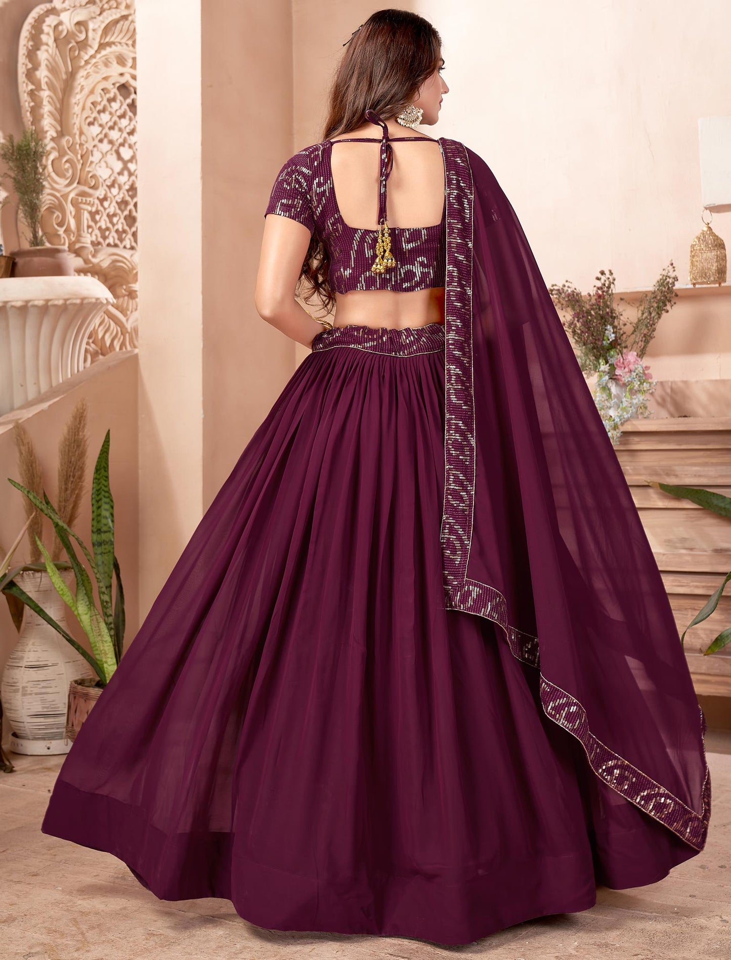 Purple Faux Georgette Sequins Work Dupatta & Lehenga Choli For Women