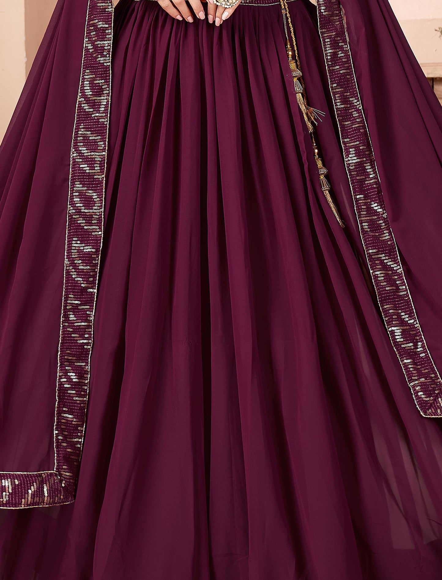 Purple Faux Georgette Sequins Work Dupatta & Lehenga Choli For Women