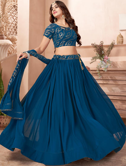 Teal Blue Faux Georgette Sequins Work Dupatta & Lehenga Choli For Women