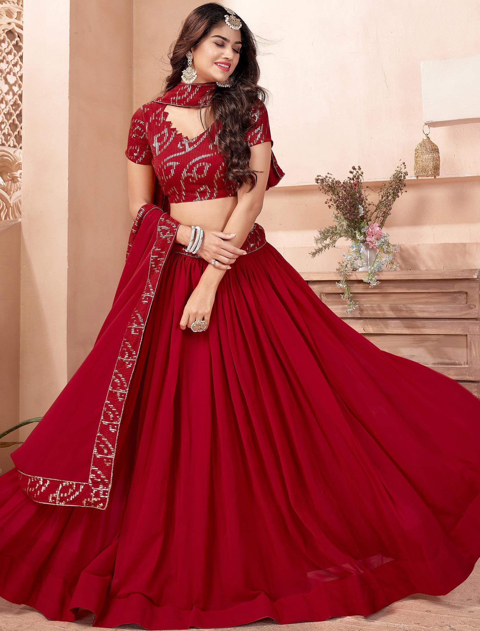 Red Faux Georgette Sequins Work Dupatta & Lehenga Choli For Women