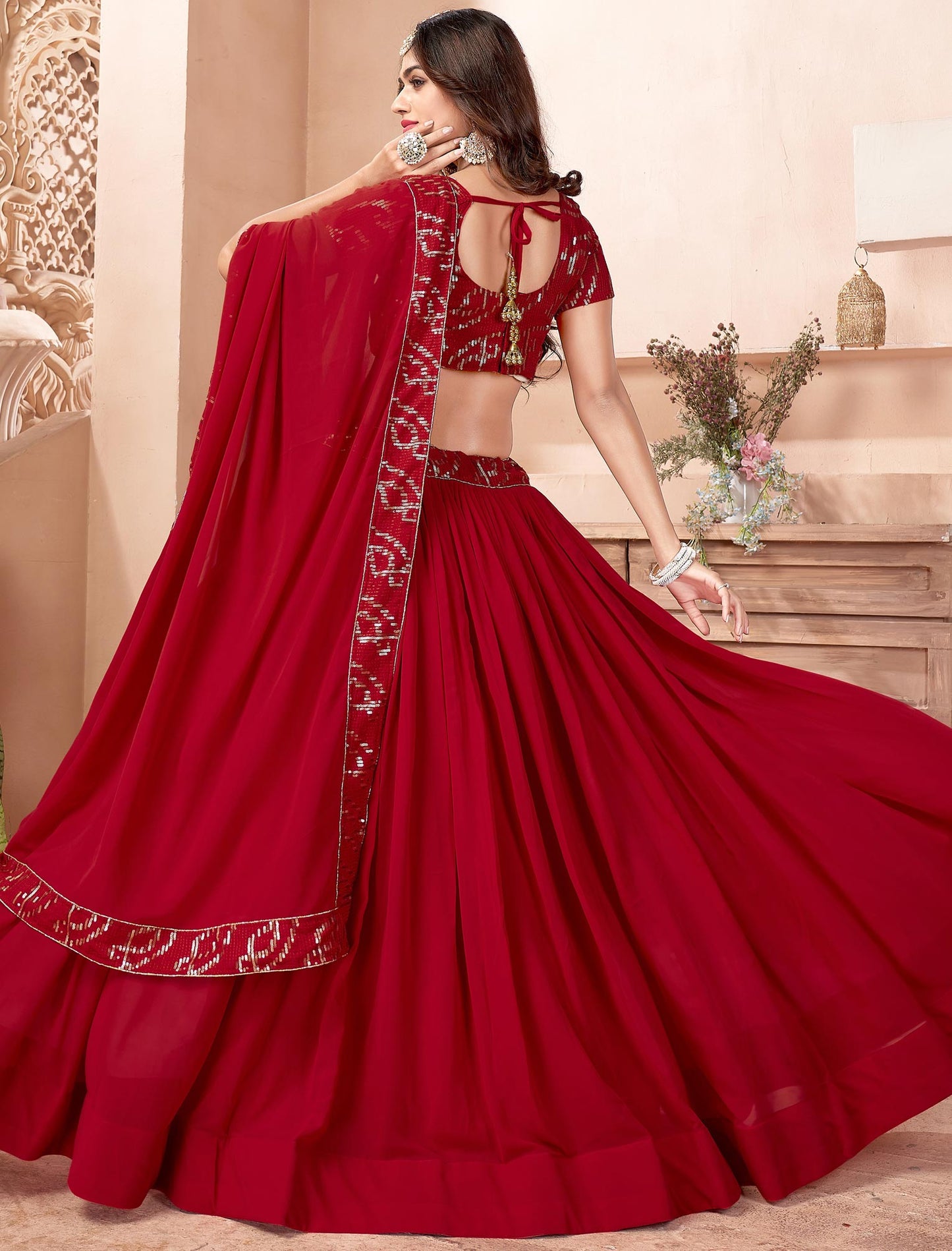 Red Faux Georgette Sequins Work Dupatta & Lehenga Choli For Women