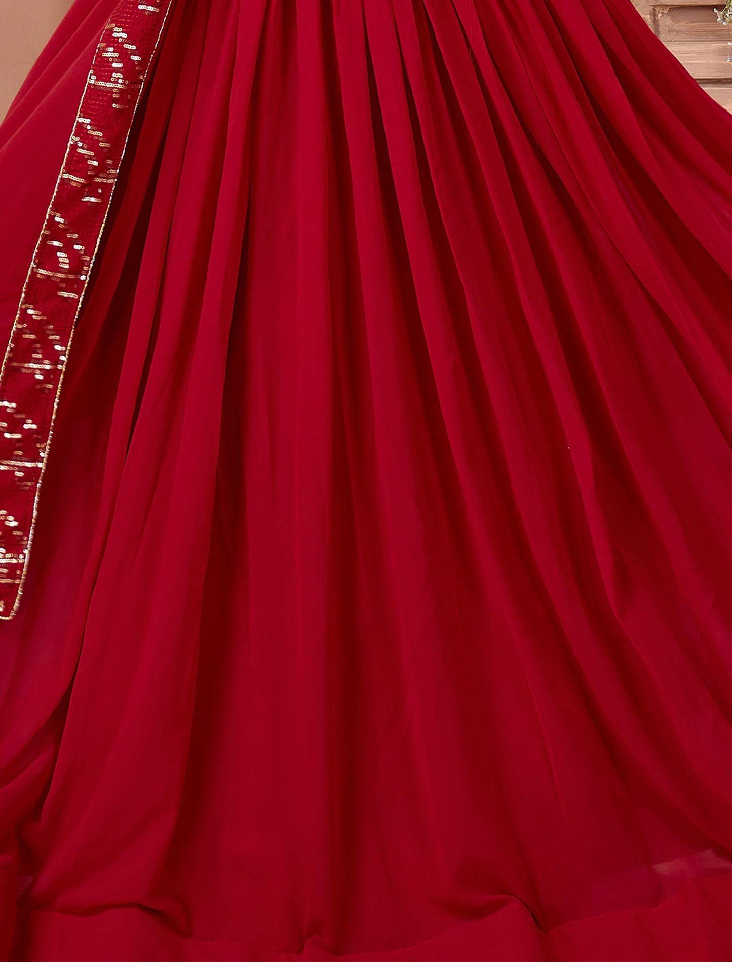 Red Faux Georgette Sequins Work Dupatta & Lehenga Choli For Women