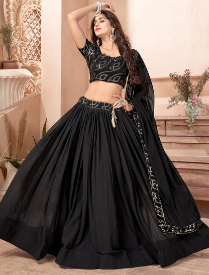 Black Faux Georgette Sequins Work Dupatta & Lehenga Choli For Women