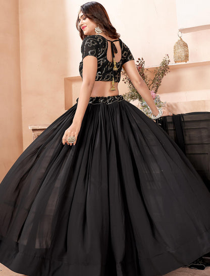 Black Faux Georgette Sequins Work Dupatta & Lehenga Choli For Women