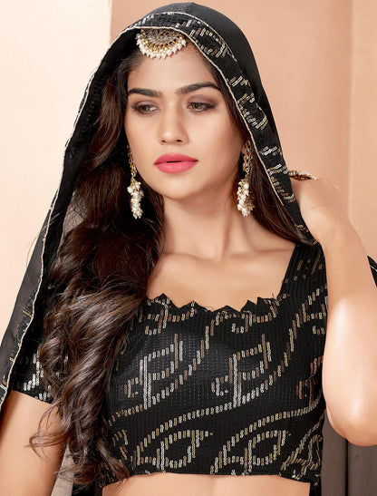 Black Faux Georgette Sequins Work Dupatta & Lehenga Choli For Women