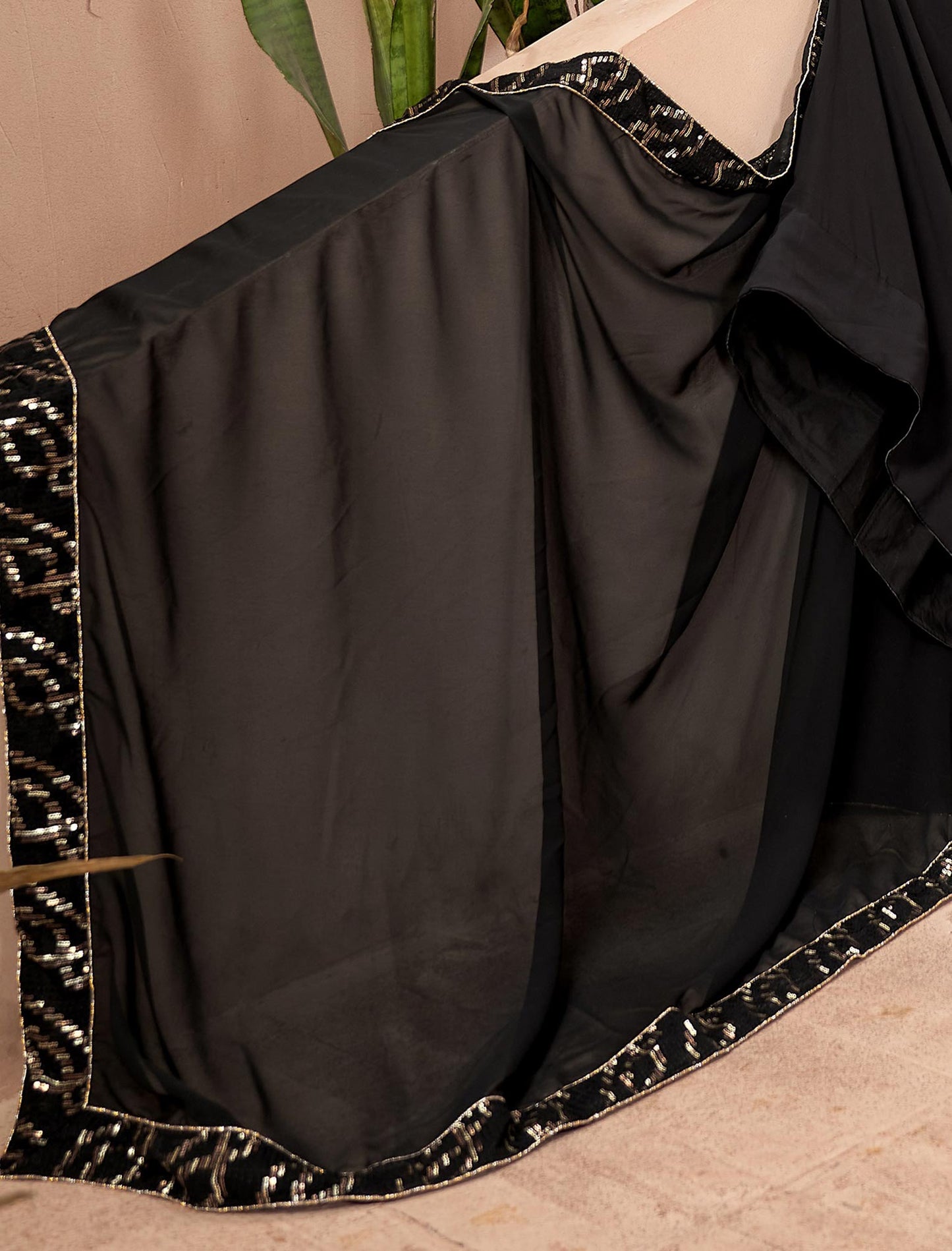 Black Faux Georgette Sequins Work Dupatta & Lehenga Choli For Women